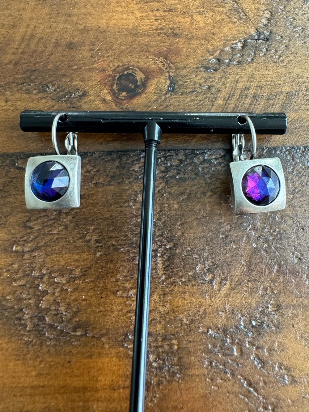 MYKA Designs Square Euroback Crystal Dichroic Blue Purple Swarovski Earrings